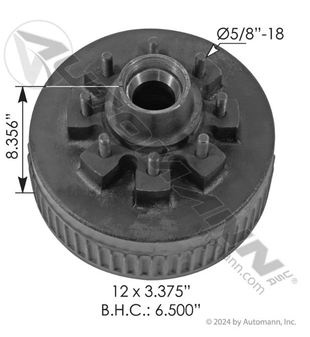 Hub & Drum for AL-KO 8K Axles, 12 x 3-3/8" Brakes, Oil Bath, 5/8" Studs