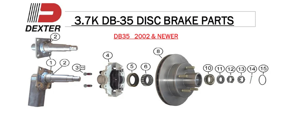 Exploded Dexter 3.7K DB-35 disc brake assembly. Numbered parts are listed below.